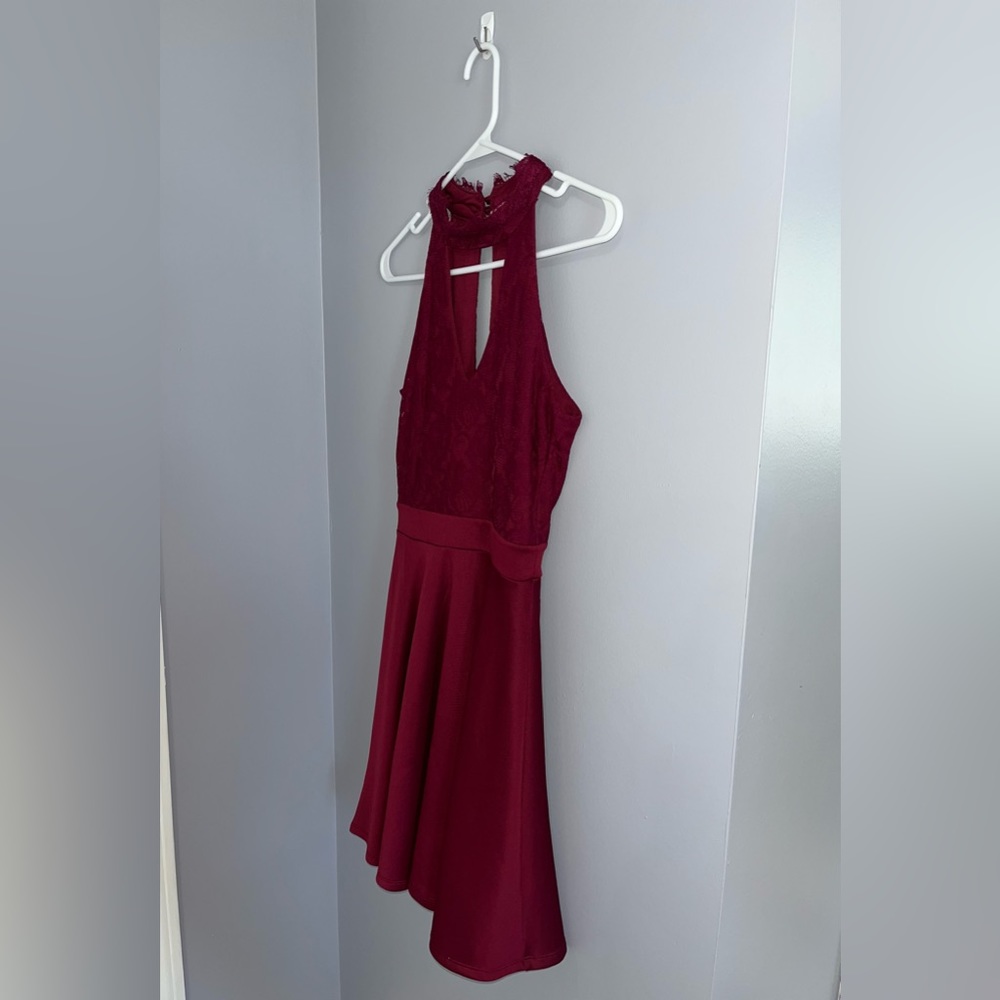 Francesca’s maroon halter lace mini dress